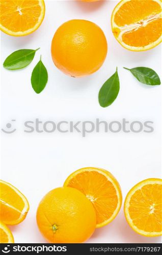 Orange with green leaves isolated on white background. Copy space