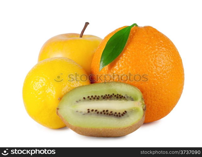 Orange with leaf, apple, lemon, kiwi isolated on white background