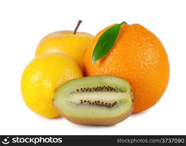 Orange with leaf, apple, lemon, kiwi isolated on white background