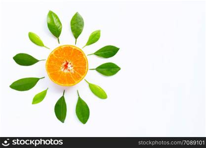 Orange with leave on white background. Copy space