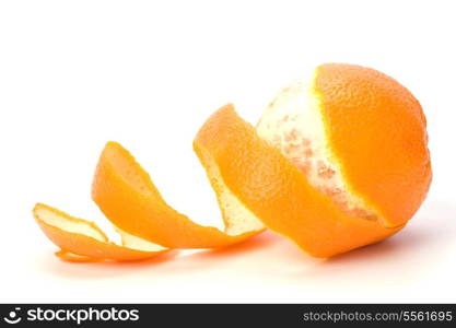 orange with peeled spiral skin isolated on white background