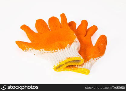 Orange work gloves isolated on white background.