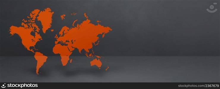 Orange world map isolated on black concrete wall background. 3D illustration. Horizontal banner. Orange world map on black concrete wall background. 3D illustration. Horizontal banner