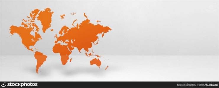 Orange world map isolated on white wall background. 3D illustration. Horizontal banner. Orange world map on white wall background. 3D illustration. Horizontal banner