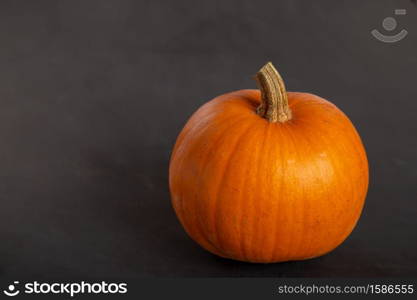 Orange, yellow pumpkin lies on a black background.. Orange, yellow pumpkin lies on a black background