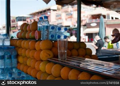 Oranges on display in orange juice sellers stall in Jemaa el Fna, Marrakech, Morocco