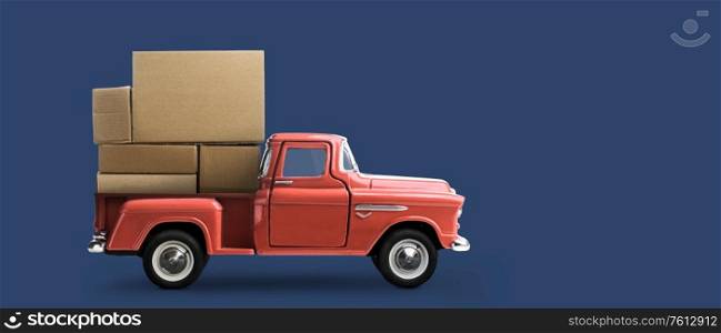 Order delivery. Car delivering blank boxes. Loaded red pickup truck on blue background. Car delivering order