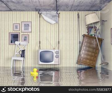 ordinary life in the flooded flat. 3d concept