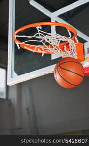 oreange basket ball in basketball basket