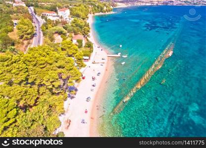 Orebic on Peljesac peninsula waterfront summer speed boat aerial view, Dalmatia region of Croatia