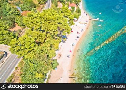 Orebic on Peljesac peninsula waterfront summer speed boat aerial view, Dalmatia region of Croatia
