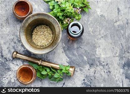 Oregano or marjoram leaves in herbal medicine. Fresh and dried oregano herb
