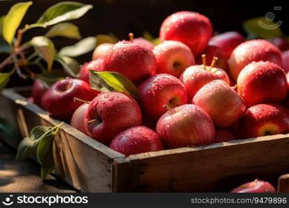 Organic apples in a wooden box. Generative AI