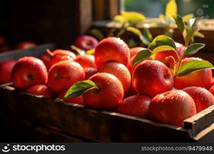 Organic apples in a wooden box. Generative AI