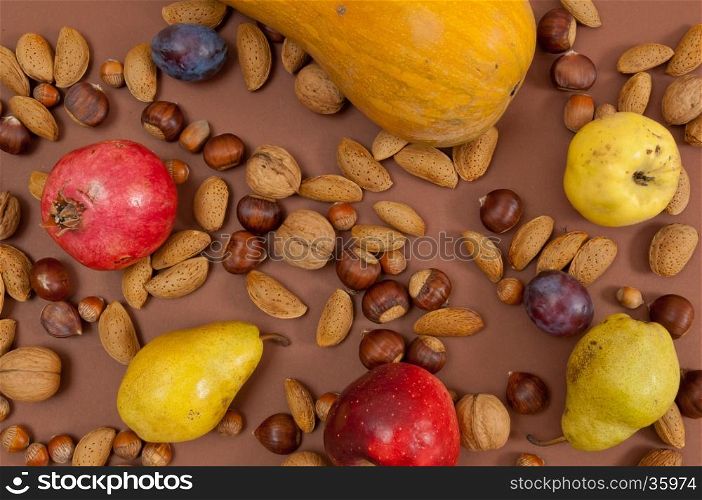 Organic autumn fruits and in shell nuts on dark brown background