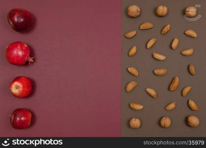 Organic autumn fruits and nuts isolated on split background with copy space