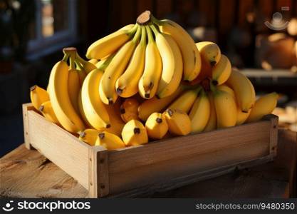 Organic bananas in a wooden box. Generative AI