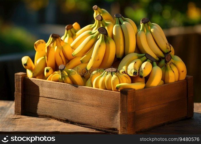 Organic bananas in a wooden box. Generative AI