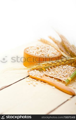 organic barley grains over rustic wood table macro closeup