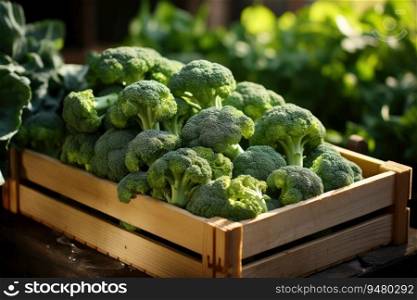 Organic broccoli in a wooden box. Generative AI