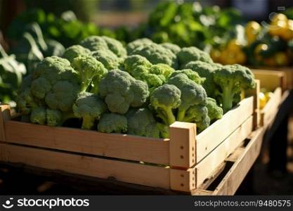 Organic broccoli in a wooden box. Generative AI