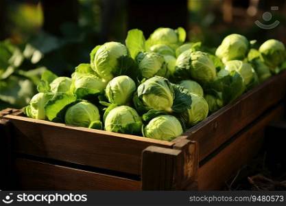 Organic cabbage in a wooden box. Generative AI
