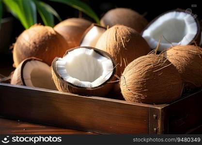 Organic coconut in a wooden box. Generative AI