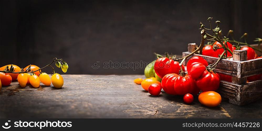 Organic colorful tomatoes in vintage box on rustic table over dark wooden background, banner for website