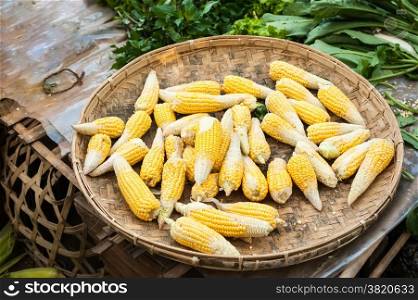 Organic corn ears for sale at outdoor asian marketplace. Food background