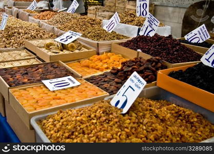 Organic Different Types Of Nuts and Dried Fruits At A Street Market In Istanbul, Turkey. Carsamba Fatih Pazari (Bazaar)