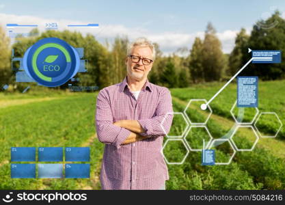 organic farming, agriculture and people concept - happy senior man at farm. happy senior man at farm. happy senior man at farm