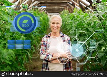 organic farming, gardening, agriculture and people concept - happy senior woman at farm greenhouse. happy senior woman at farm greenhouse