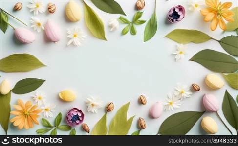 Organic Floral of Flat Lay Flowers and Leaves On a White Background with Copy Space