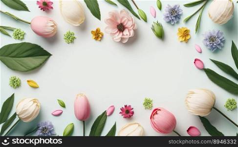 Organic Floral of Flat Lay Flowers and Leaves On a White Background with Empty Space