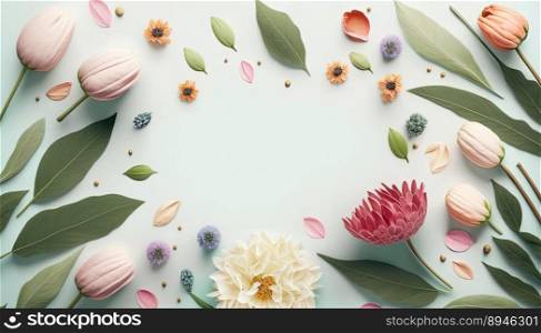 Organic Floral of Flowers and Leaves On a White Background with Copy Space