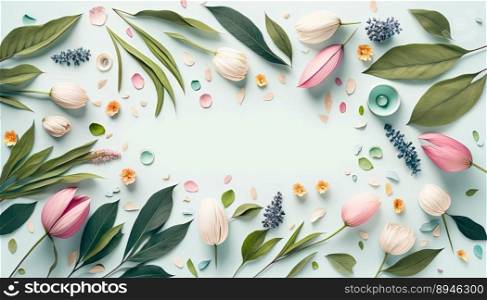 Organic Floral of Flowers and Leaves On a White Background with Empty Space