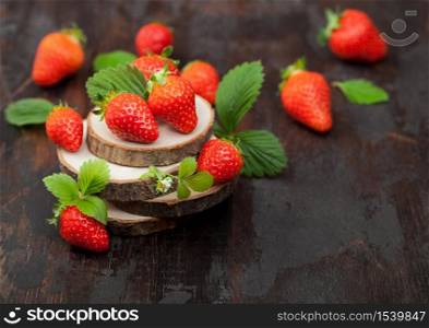 Organic fresh raw strawberries with leaf on timber round boards on dark background. Best summer berries.
