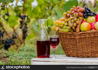 .Organic fruit in basket in summer grass. Fresh grapes, pears and apples in nature. Decanter and glass of wine.. Organic fruit in basket in summer grass. Decanter and glass of wine.