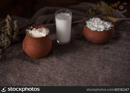 Organic milk cottage cheese and cream. Organic milk cottage cheese and sour cream in vintage dish on rustic background