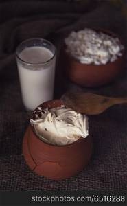 Organic milk cottage cheese and cream. Organic milk cottage cheese and sour cream in vintage dish on rustic background