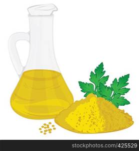 Organic Mustard Oil with mustard powder isolated vector illustration on a white background