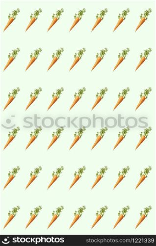 Organic natural backdrop from freshly picked organic juicy carrot roots on a pastel green background. Vegan concept.. Vertical vegetables pattern from natural carrots.
