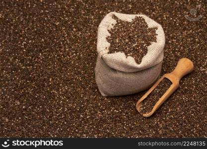 Organic natural chia seeds, burlap sack and wooden scoop close-up. High quality photo. Organic natural chia seeds, burlap sack and wooden scoop close-up
