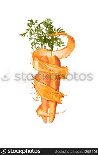 Organic natural fresh cut vertically carrot root with green leaf with juicy splashes on a white background, copy space. Vegetarian concept.. Cut natural organic carrot with splashes.