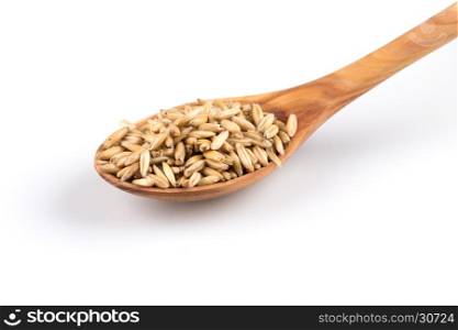 organic oat grains isolated on white background in wooden spoon