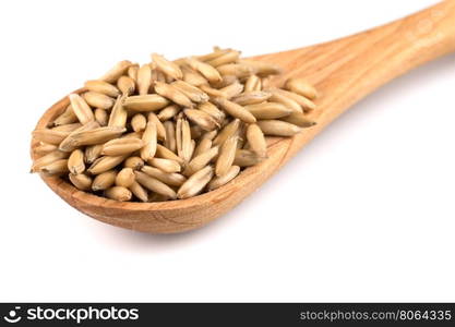 organic oat grains isolated on white background in wooden spoon