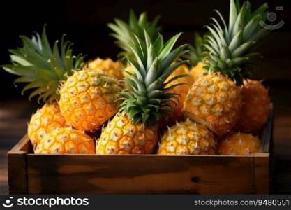 Organic pineapple in a wooden box. Generative AI