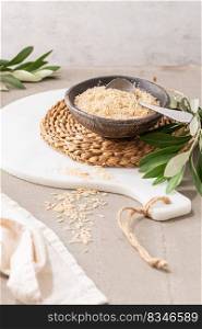 Organic raw brown rice - Basic cereal for food. Healthy food ingredients on kitchen countertop