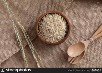 Organic raw brown rice in close up