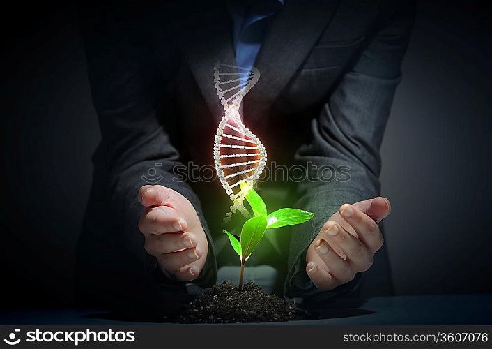Organic Science theme with DNA and young green sprout rising